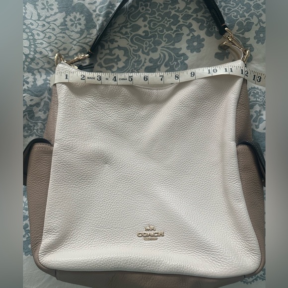 Coach White/Tan Leather Hobo Bag, zippered with small buckles on the side - Picture 14 of 16